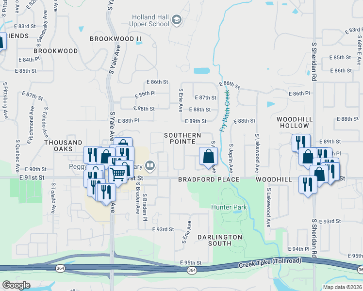 map of restaurants, bars, coffee shops, grocery stores, and more near 8926 South Erie Avenue in Tulsa