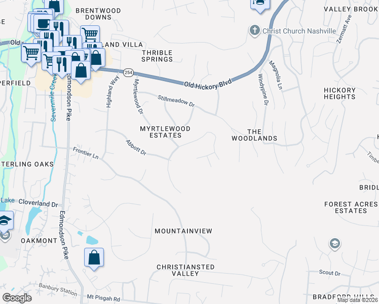 map of restaurants, bars, coffee shops, grocery stores, and more near 5933 Woodland Hills Drive in Nashville