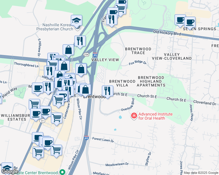 map of restaurants, bars, coffee shops, grocery stores, and more near 9020 Church Street East in Brentwood