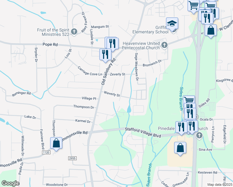 map of restaurants, bars, coffee shops, grocery stores, and more near 1475 Waverly Street in Winston-Salem
