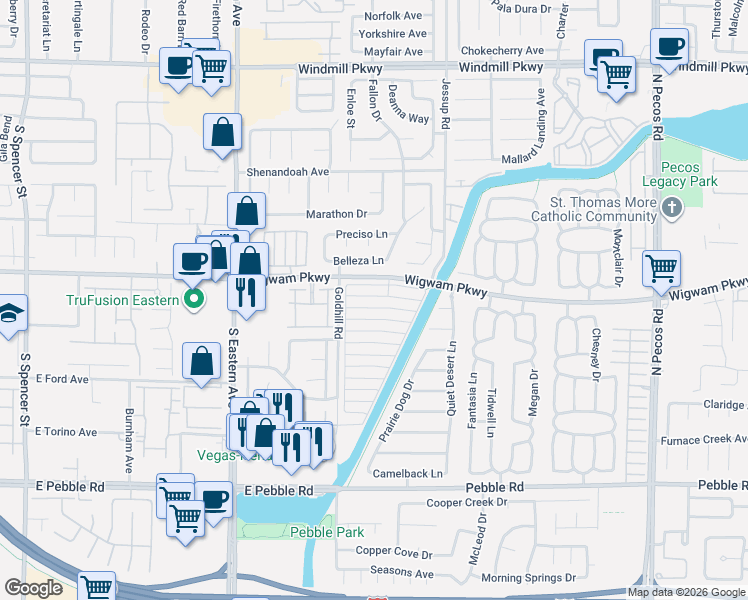 map of restaurants, bars, coffee shops, grocery stores, and more near 2836 Crystal Lantern Drive in Henderson