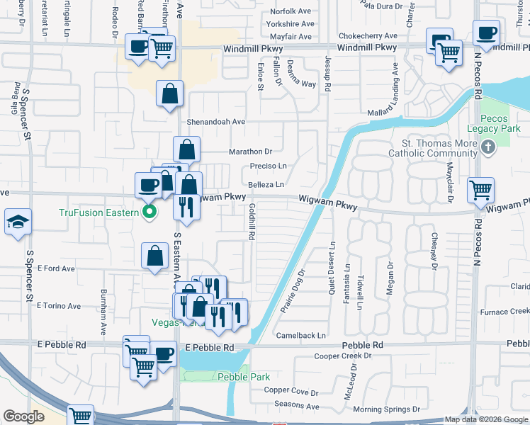 map of restaurants, bars, coffee shops, grocery stores, and more near 2836 Crystal Lantern Drive in Henderson