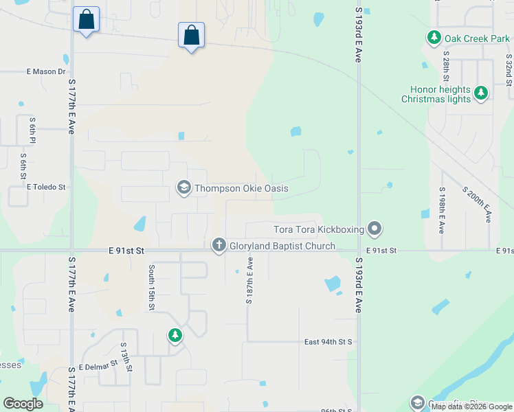 map of restaurants, bars, coffee shops, grocery stores, and more near 18719-18865 East 91st Street in Broken Arrow