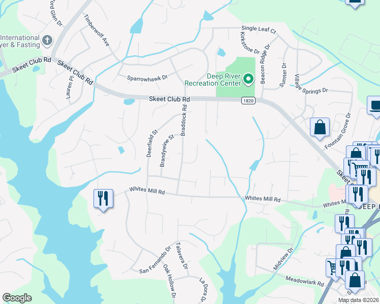 map of restaurants, bars, coffee shops, grocery stores, and more near 3920 Braddock Road in High Point