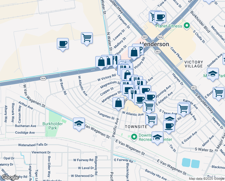 map of restaurants, bars, coffee shops, grocery stores, and more near 123 Copper Street in Henderson