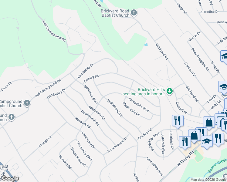 map of restaurants, bars, coffee shops, grocery stores, and more near 2721 Shropshire Boulevard in Powell