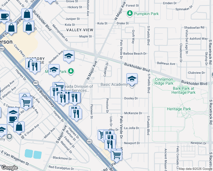 map of restaurants, bars, coffee shops, grocery stores, and more near 379 Virginia Lake Avenue in Henderson