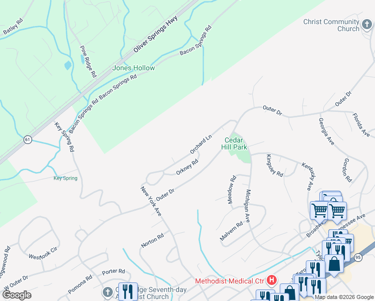 map of restaurants, bars, coffee shops, grocery stores, and more near 128 Orchard Lane in Oak Ridge