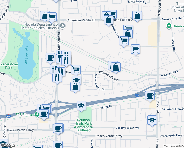 map of restaurants, bars, coffee shops, grocery stores, and more near 1270 Capital Gains Drive in Henderson