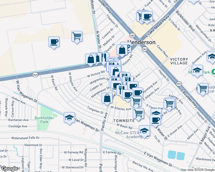 map of restaurants, bars, coffee shops, grocery stores, and more near 106 Manganese Street in Henderson