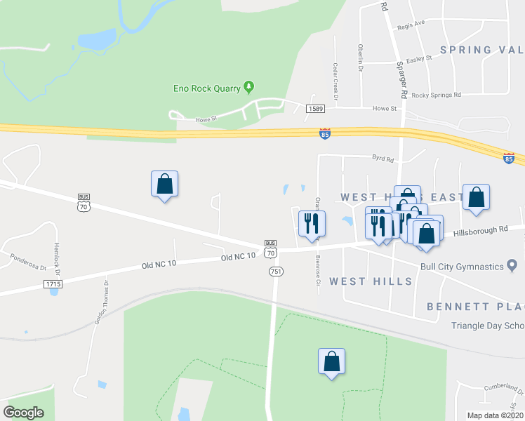 map of restaurants, bars, coffee shops, grocery stores, and more near 4920 Hillsborough Road in Durham