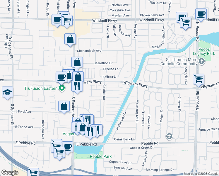 map of restaurants, bars, coffee shops, grocery stores, and more near 2836 Crystal Lantern Drive in Henderson