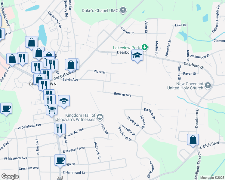 map of restaurants, bars, coffee shops, grocery stores, and more near 715 Berwyn Avenue in Durham