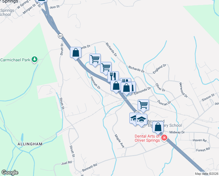 map of restaurants, bars, coffee shops, grocery stores, and more near 307 Carl Lane in Oliver Springs
