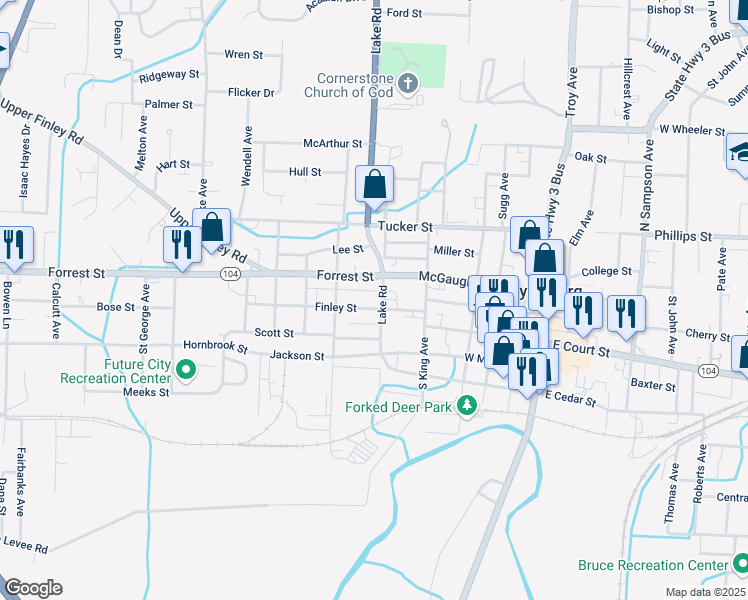 map of restaurants, bars, coffee shops, grocery stores, and more near 112 North Fowlkes Avenue in Dyersburg