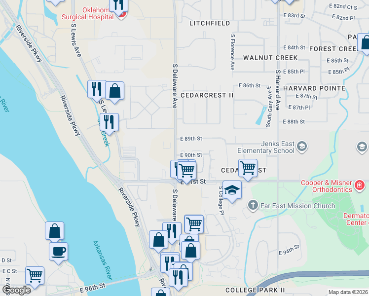 map of restaurants, bars, coffee shops, grocery stores, and more near 2828 East 89th Street in Tulsa