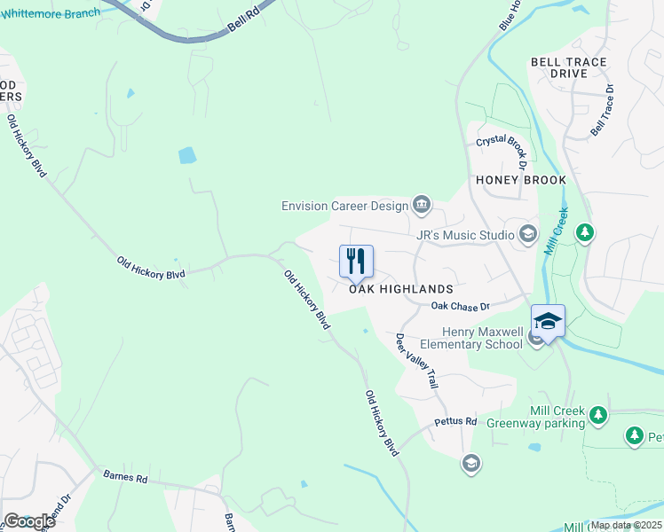 map of restaurants, bars, coffee shops, grocery stores, and more near 5561 Oak Chase Drive in Nashville
