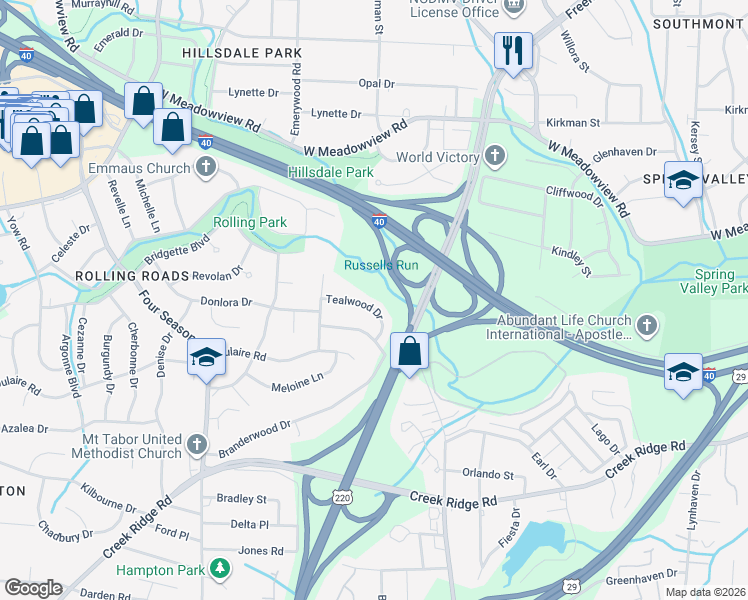map of restaurants, bars, coffee shops, grocery stores, and more near 2114 Tealwood Drive in Greensboro