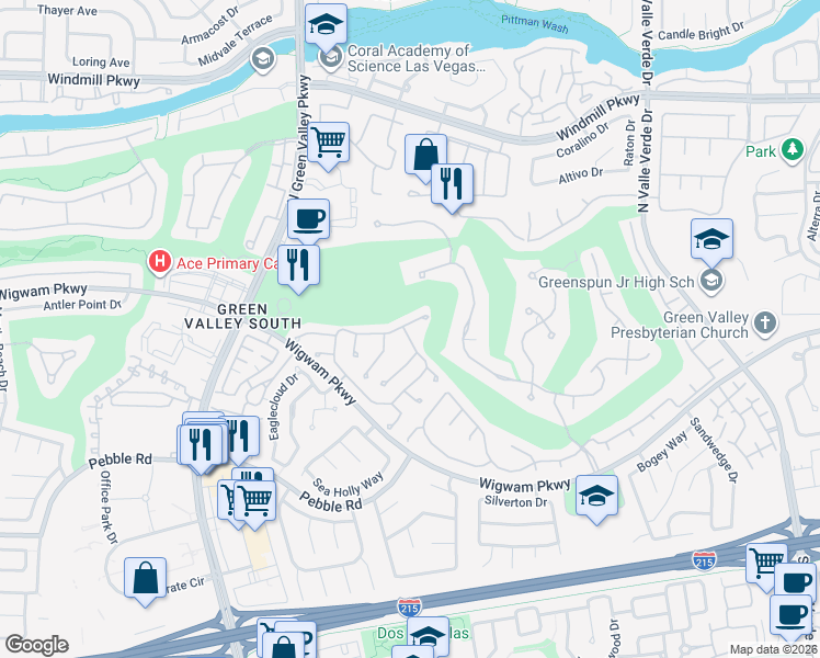 map of restaurants, bars, coffee shops, grocery stores, and more near 2159 Eaglepath Circle in Henderson