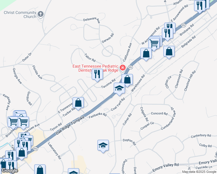 map of restaurants, bars, coffee shops, grocery stores, and more near 122 Tacoma Road in Oak Ridge