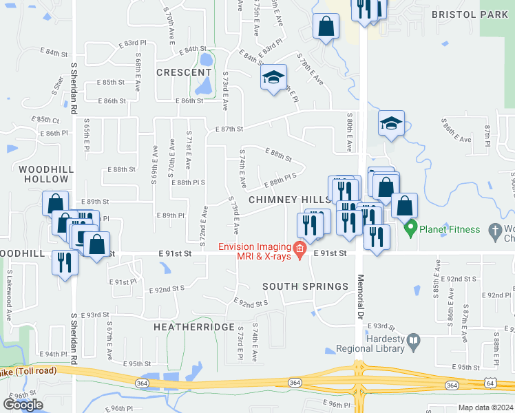 map of restaurants, bars, coffee shops, grocery stores, and more near 7407 East 89th Place in Tulsa