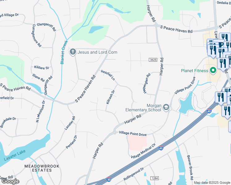 map of restaurants, bars, coffee shops, grocery stores, and more near 3421 Kilcash Drive in Clemmons