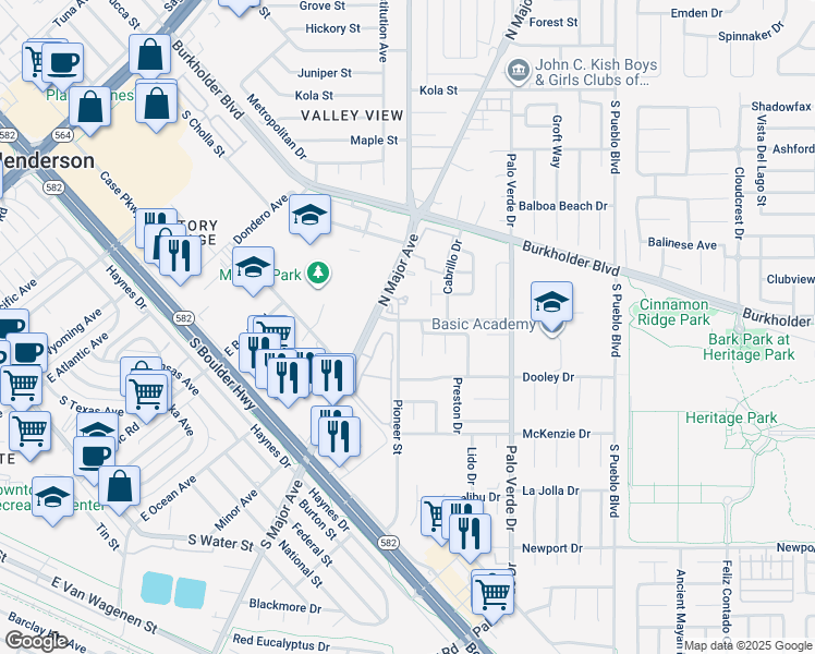 map of restaurants, bars, coffee shops, grocery stores, and more near 490 Pioneer Street in Henderson