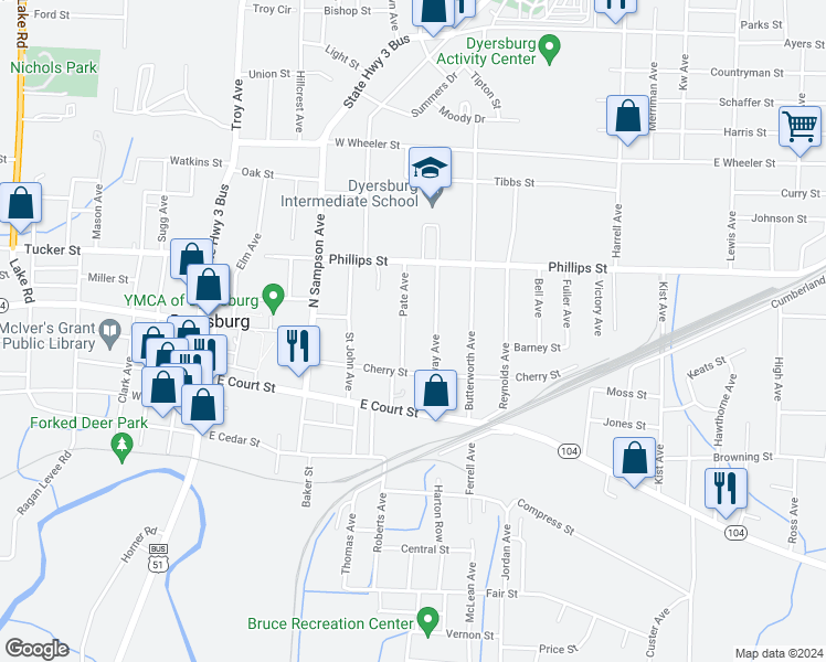 map of restaurants, bars, coffee shops, grocery stores, and more near 302 Pate Avenue in Dyersburg