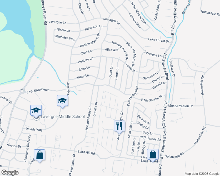 map of restaurants, bars, coffee shops, grocery stores, and more near 1385 East Nir Shreibman Boulevard in La Vergne