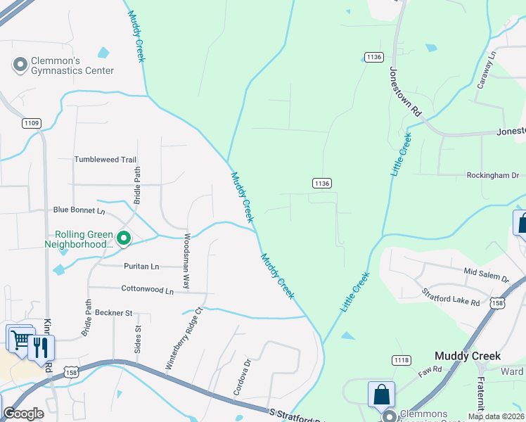 map of restaurants, bars, coffee shops, grocery stores, and more near 1773 Ploughboy Lane in Winston-Salem