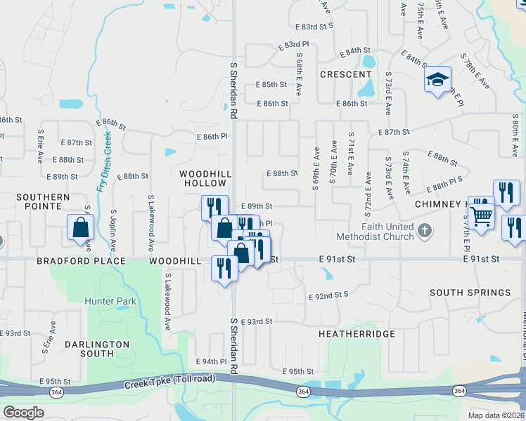 map of restaurants, bars, coffee shops, grocery stores, and more near 6539 East 89th Street in Tulsa