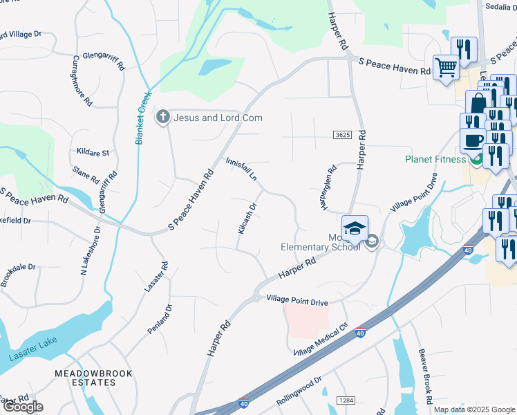 map of restaurants, bars, coffee shops, grocery stores, and more near 3421 Kilcash Drive in Clemmons