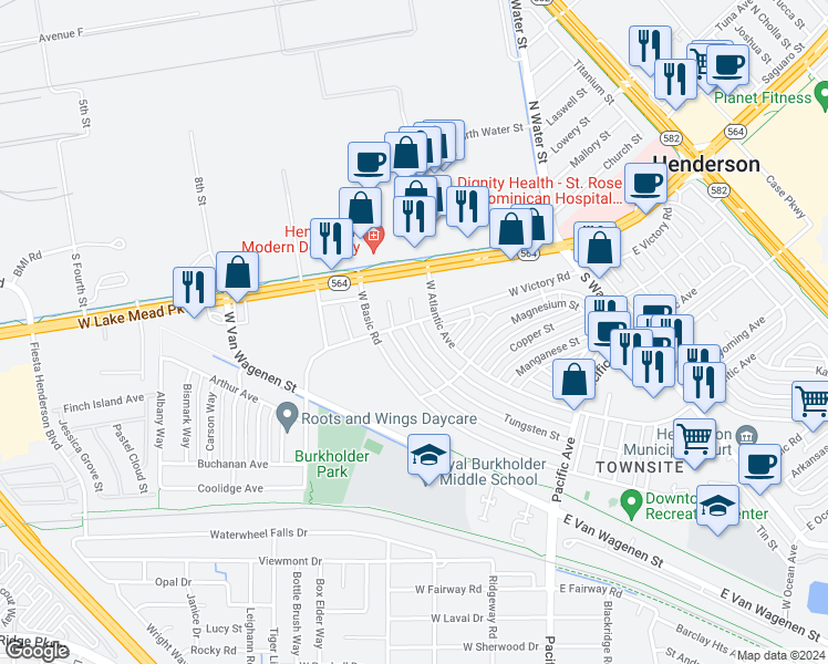 map of restaurants, bars, coffee shops, grocery stores, and more near 342 Tungsten Street in Henderson