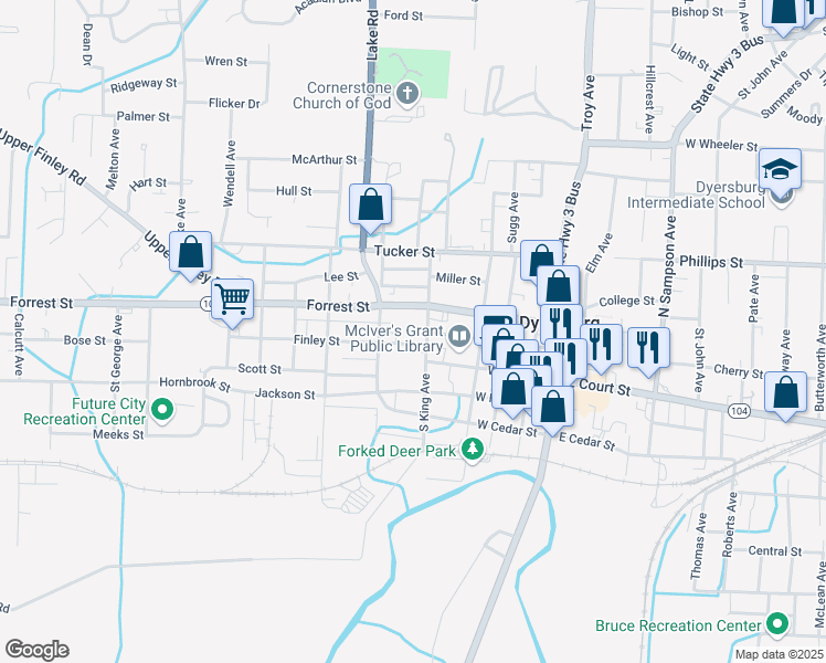 map of restaurants, bars, coffee shops, grocery stores, and more near 512 Finley Street in Dyersburg