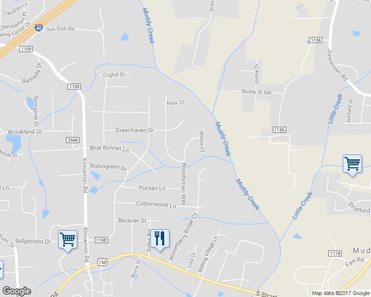 map of restaurants, bars, coffee shops, grocery stores, and more near 4620 Woodsman Way in Winston-Salem