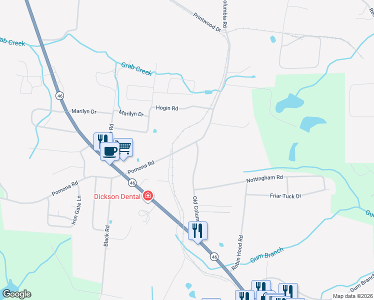 map of restaurants, bars, coffee shops, grocery stores, and more near 815 Pomona Road in Dickson