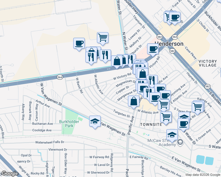 map of restaurants, bars, coffee shops, grocery stores, and more near 138 Magnesium Street in Henderson