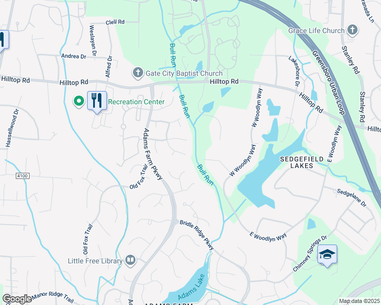 map of restaurants, bars, coffee shops, grocery stores, and more near 1511 Groveland Trail in Greensboro