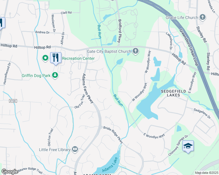 map of restaurants, bars, coffee shops, grocery stores, and more near 1509 Groveland Trail in Greensboro