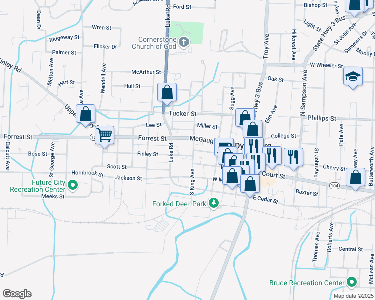map of restaurants, bars, coffee shops, grocery stores, and more near 512 Finley Street in Dyersburg