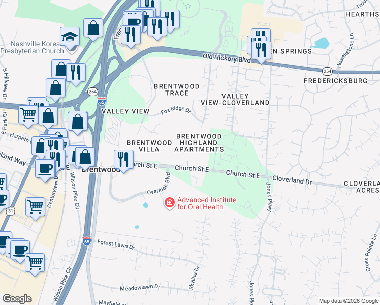 map of restaurants, bars, coffee shops, grocery stores, and more near 570 Church Street East in Brentwood