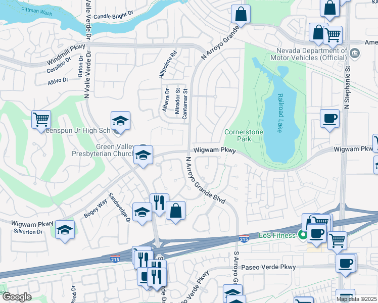 map of restaurants, bars, coffee shops, grocery stores, and more near Wigwam Pkwy & N Arroyo Grande in Henderson