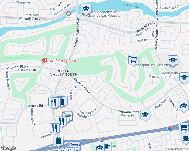 map of restaurants, bars, coffee shops, grocery stores, and more near 2149 Eaglepath Circle in Henderson