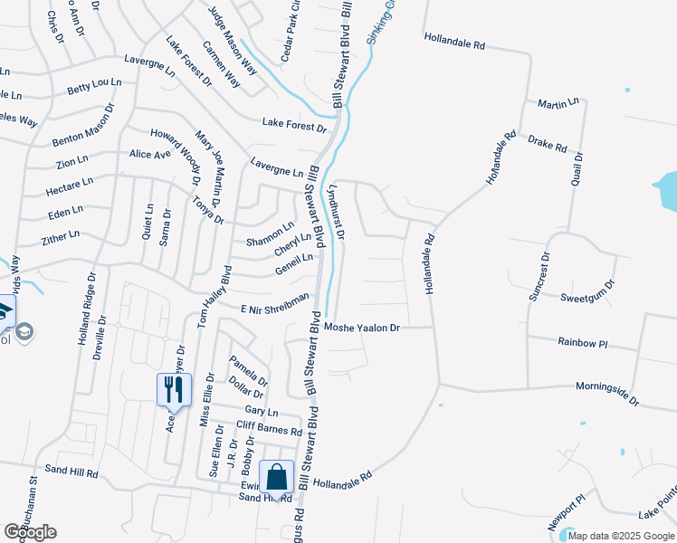 map of restaurants, bars, coffee shops, grocery stores, and more near 119 Lyndhurst Drive in La Vergne