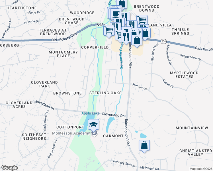 map of restaurants, bars, coffee shops, grocery stores, and more near 5828 Montessori Drive in Brentwood
