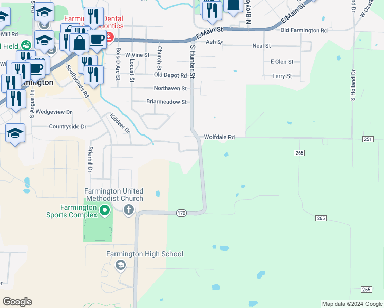 map of restaurants, bars, coffee shops, grocery stores, and more near 1 West Rainsong Street in Farmington