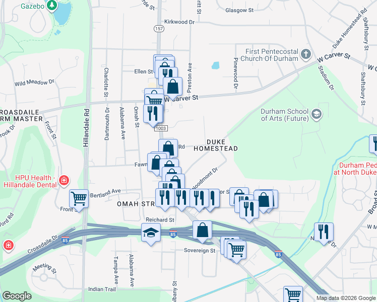 map of restaurants, bars, coffee shops, grocery stores, and more near 2629 Kirk Road in Durham
