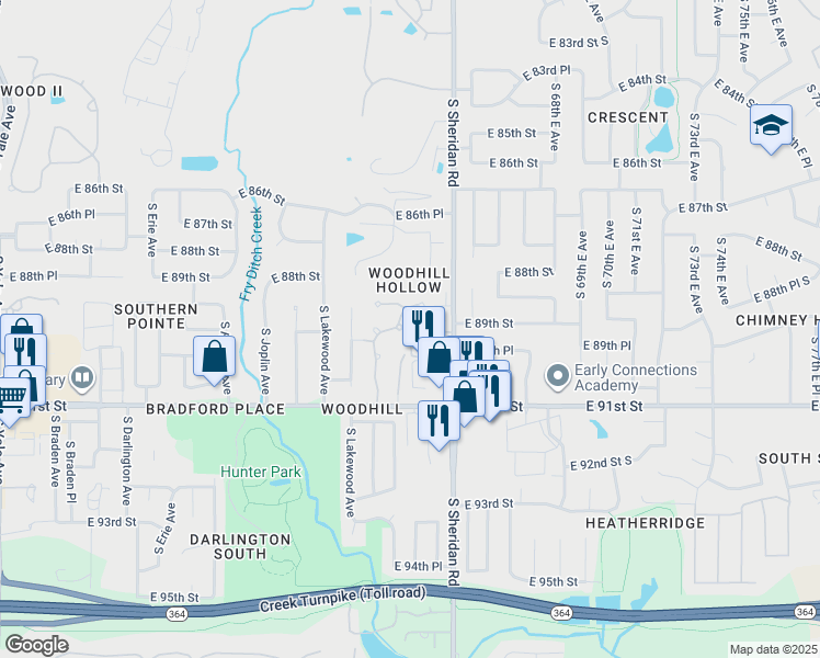 map of restaurants, bars, coffee shops, grocery stores, and more near 8917 South Maplewood Avenue in Tulsa