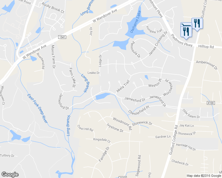 map of restaurants, bars, coffee shops, grocery stores, and more near 4623 Jamesford Drive in Jamestown