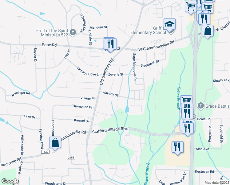 map of restaurants, bars, coffee shops, grocery stores, and more near 1475 Waverly Street in Winston-Salem